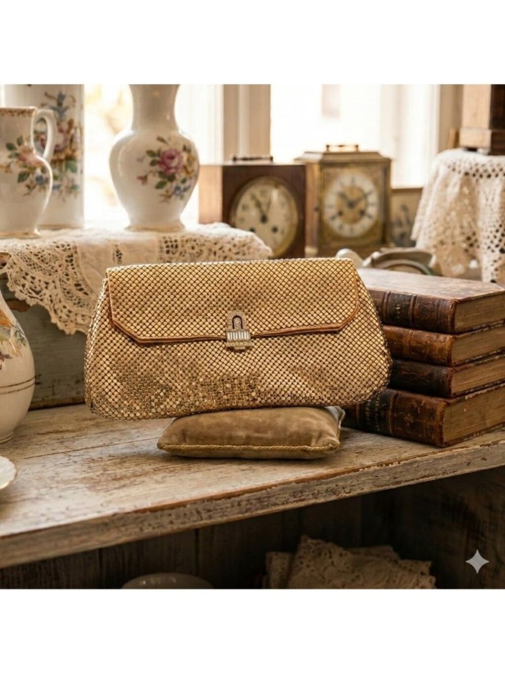 Vintage 40s Whiting and Davis Gold Mesh Clutch Old Hollywood Glam Art Deco Bag